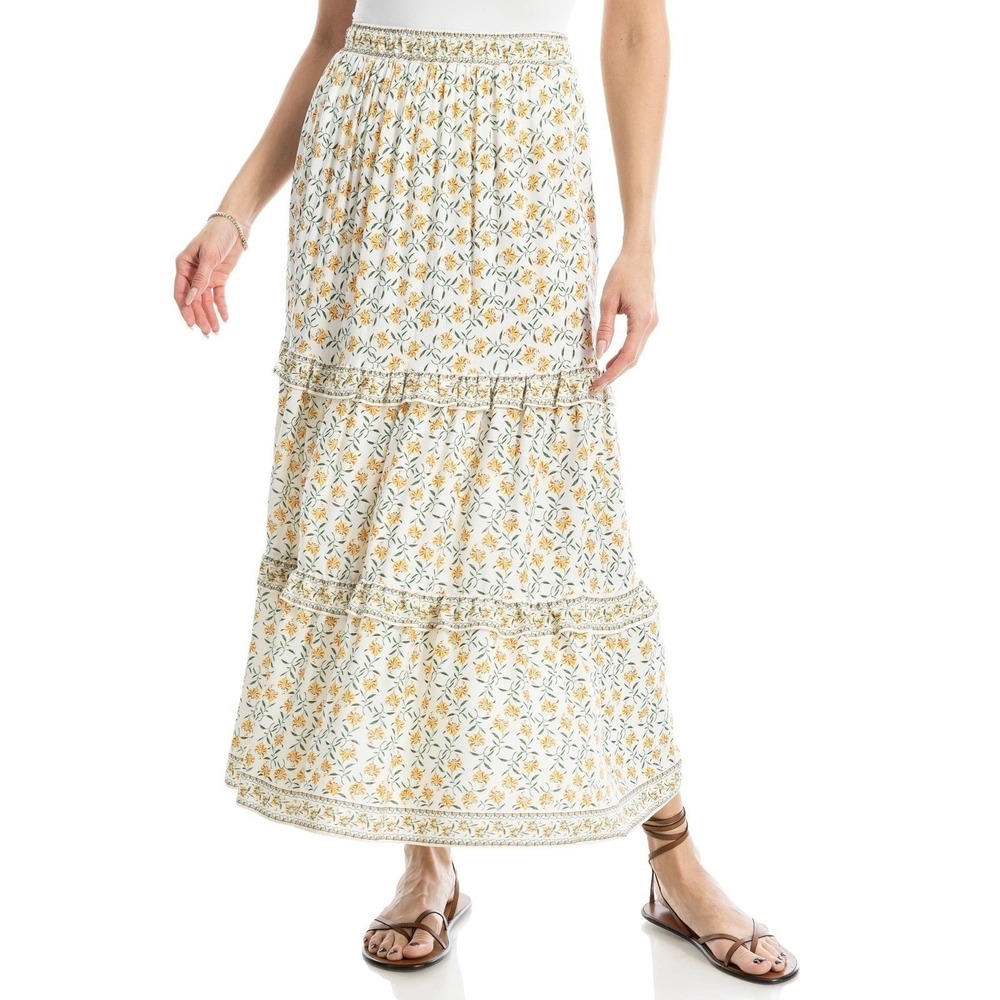 MAX STUDIO LONDON Womens Tiered Maxi Skirt Yellow Floral Print Elastic Waist XS